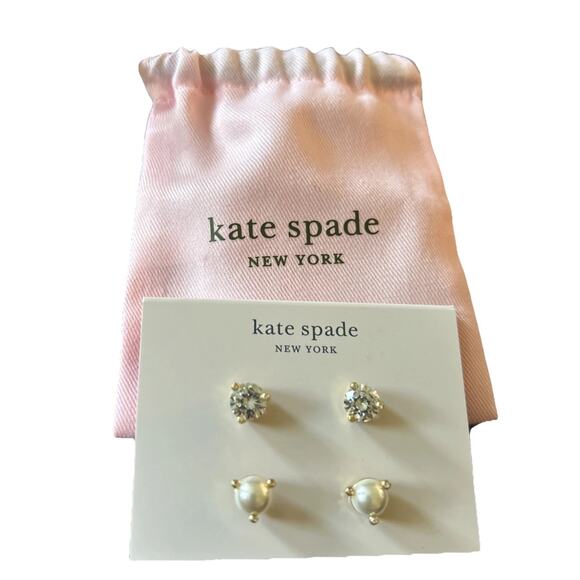 Kate Spade 2 Set Crystal Earrings & Fauz Pearl Gold Tone Post New Pouch $68 Lot - Picture 1 of 3